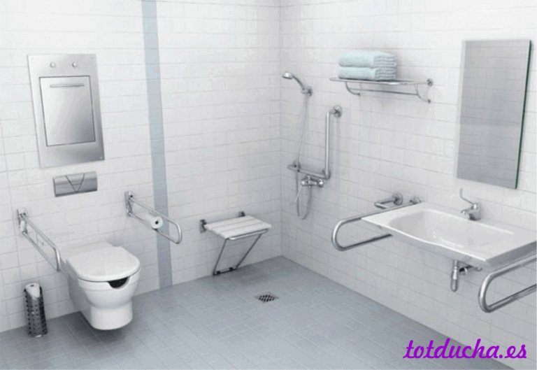 Baño accesible con reposabrazos en inodoro y en lavabo