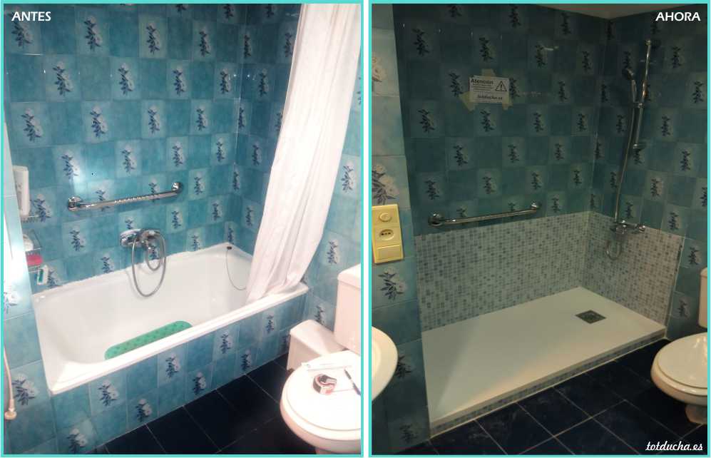 Antes y después de bañera por ducha en baño con azulejos azules de flores