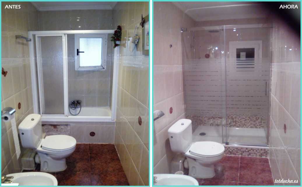 Antes y después de una bañera cambiada por ducha con azulejos de colores de tonos marrones