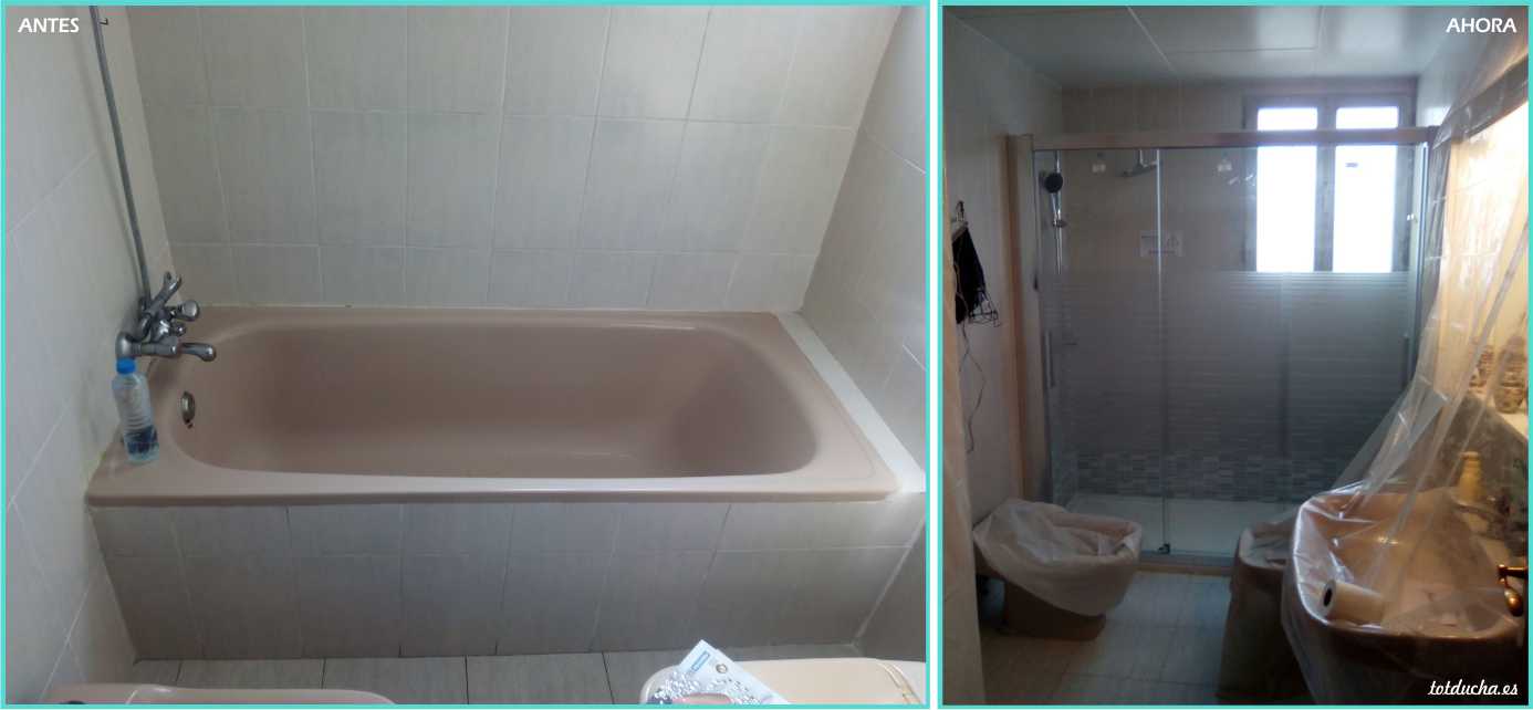 Antes y después de trabajo realizado por Totducha: Cambio de la bañera por ducha en un baño beige