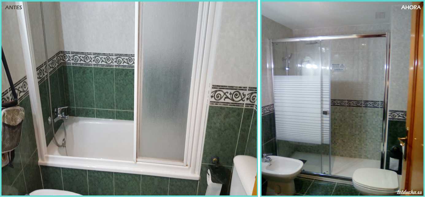 Antes y después de bañera por plato de ducha en baño verde con mampara semi translúcida
